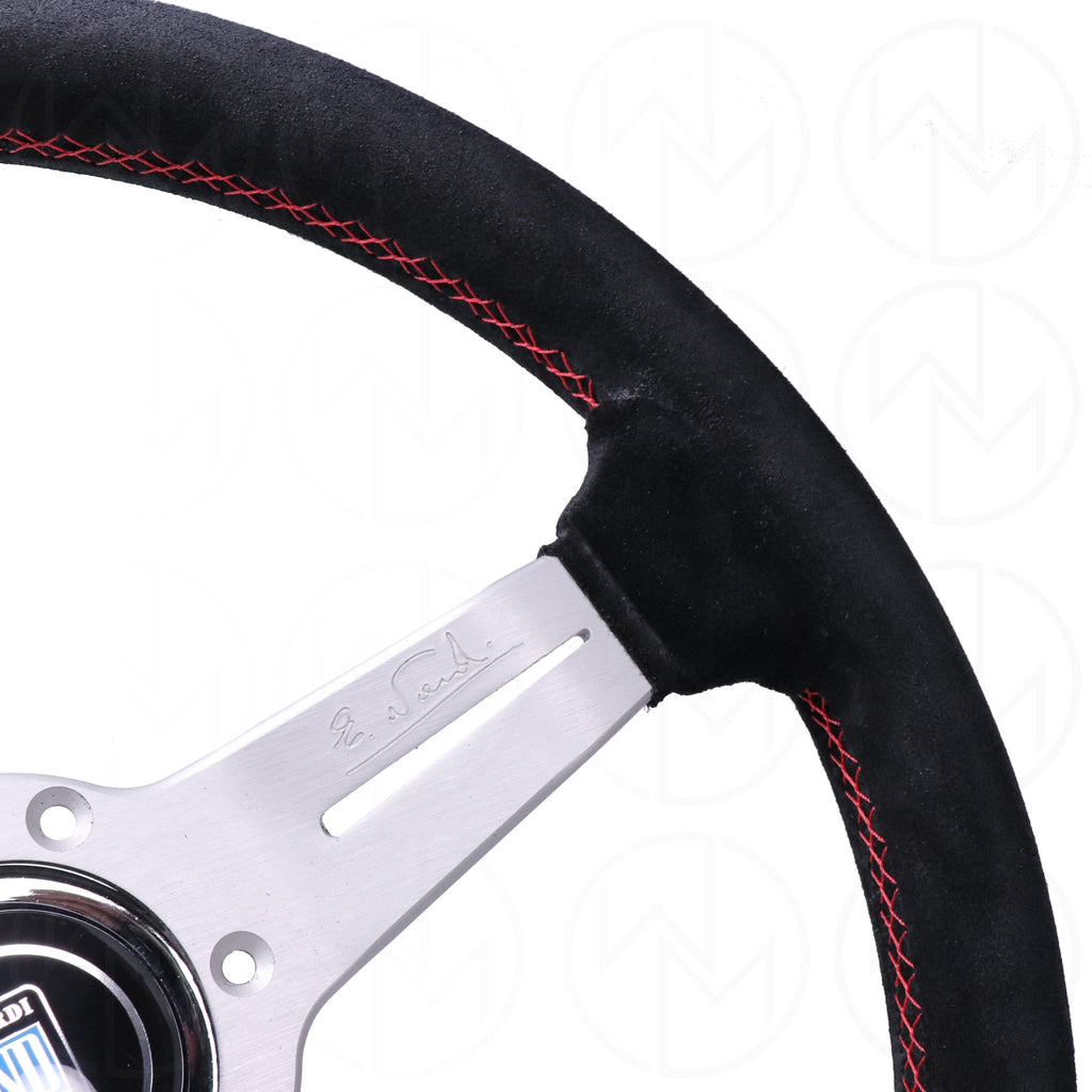 Nardi Sport Rally Deep Corn Steering Wheel - 330mm Suede w/Silver Spokes and Red Stitch