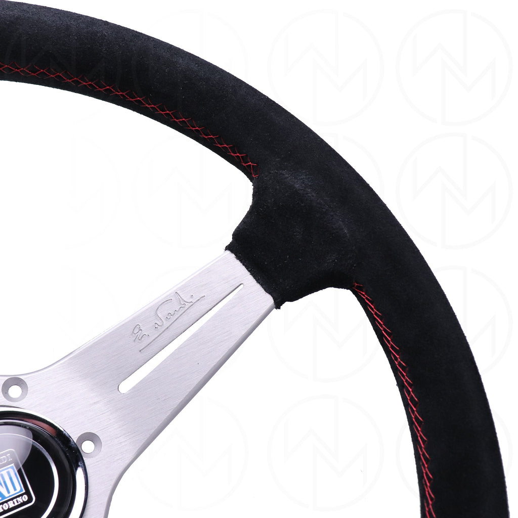 Nardi Sport Rally Deep Corn Steering Wheel - 350mm Suede w/Silver Spokes and Red Stitch