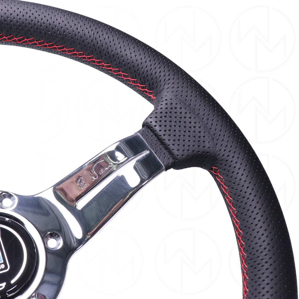 Nardi Deep Corn Steering Wheel - 330mm Perforated w/ Polished Spokes & Red Stitch